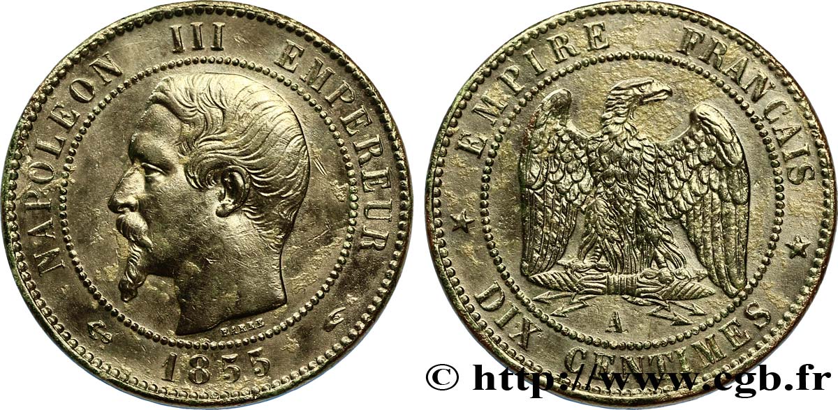 Dix centimes Napoléon III, tête nue 1855 Paris F.133/20 TTB50 