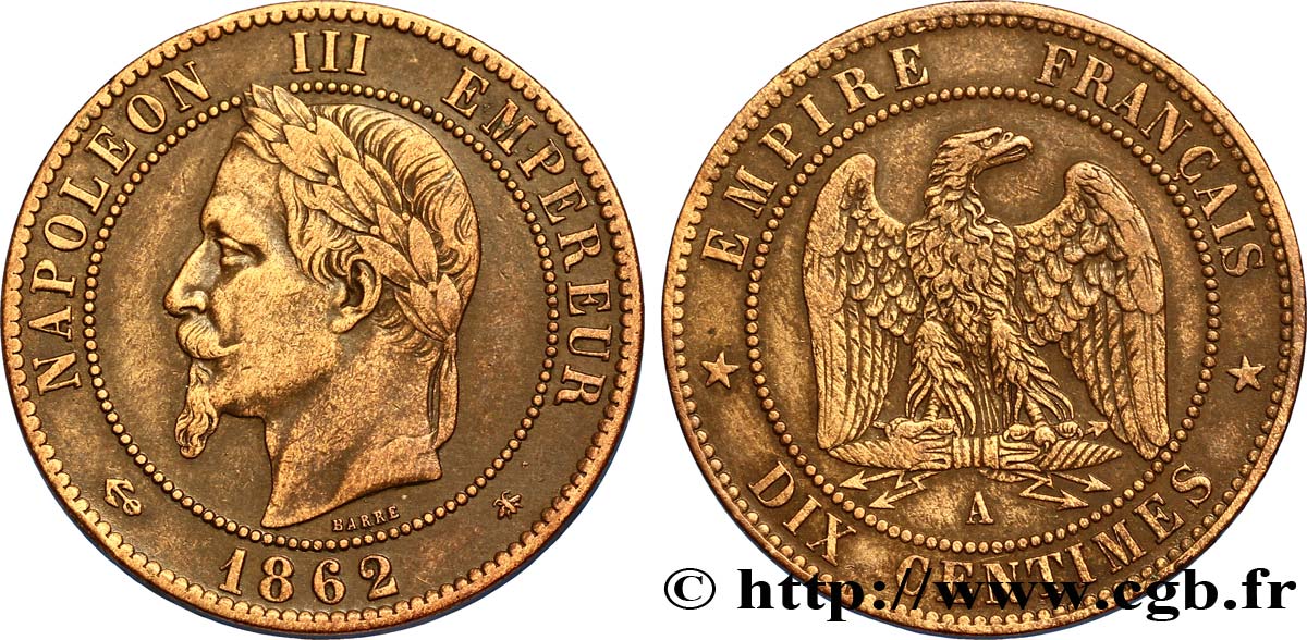 Dix centimes Napoléon III, tête laurée 1862 Paris F.134/7 XF45 