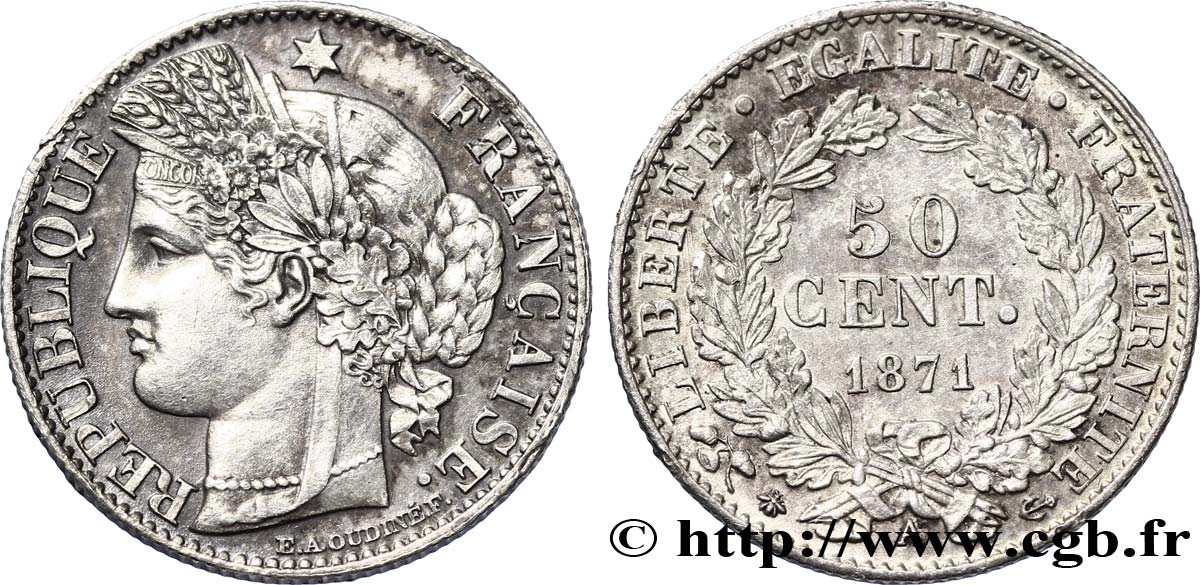 50 centimes Cérès, Troisième République 1871 Paris F.189/1 SUP58 