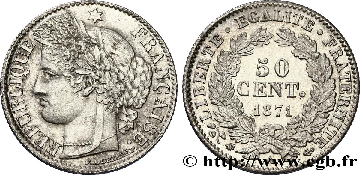 50 centimes Cérès, Troisième République 1871 Paris F.189/1 MS60 
