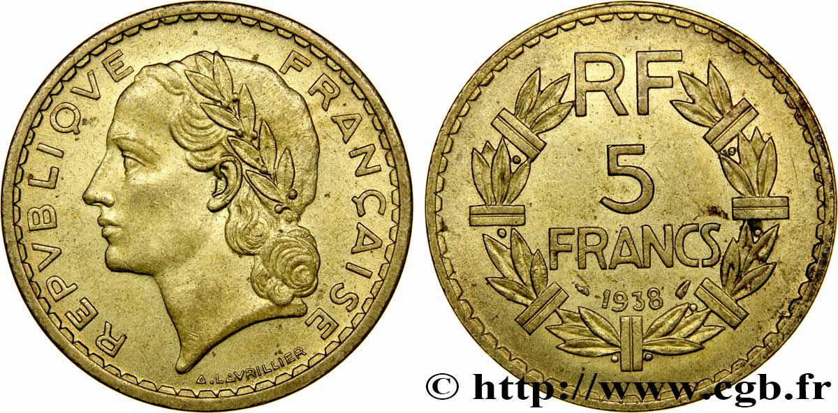 5 francs Lavrillier, bronze-aluminium 1938  F.337/1 TTB53 