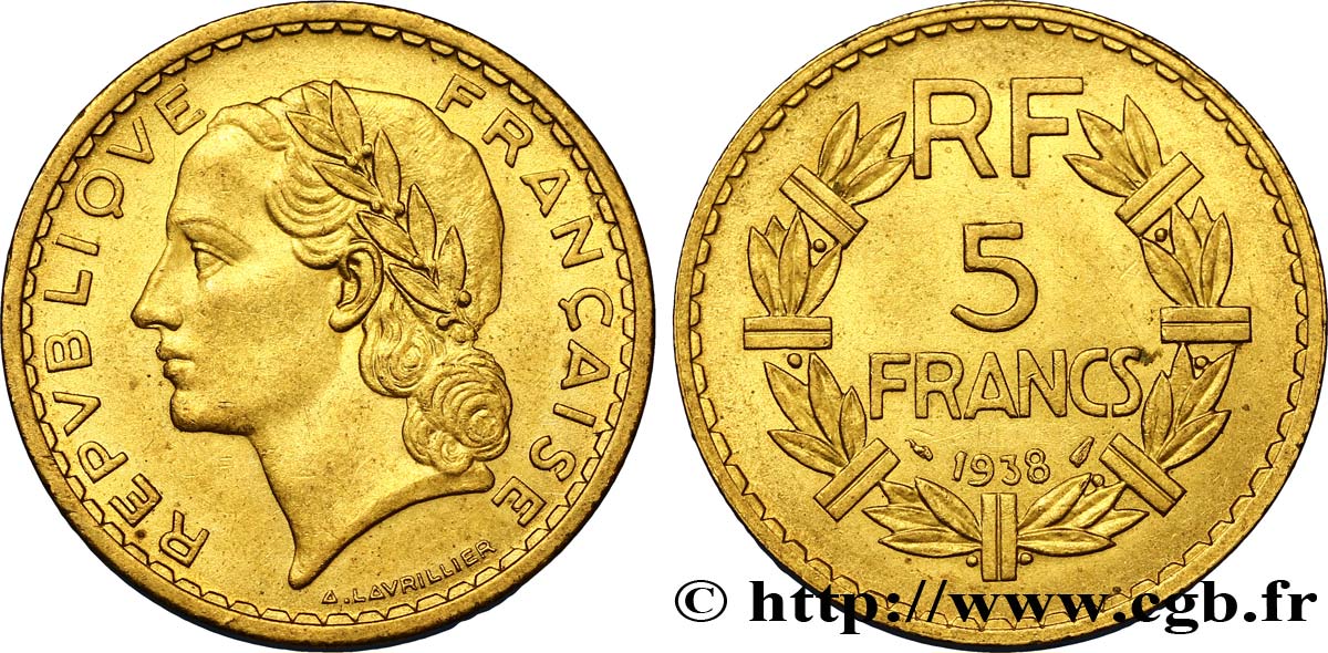 5 francs Lavrillier, bronze-aluminium 1938  F.337/1 TTB53 