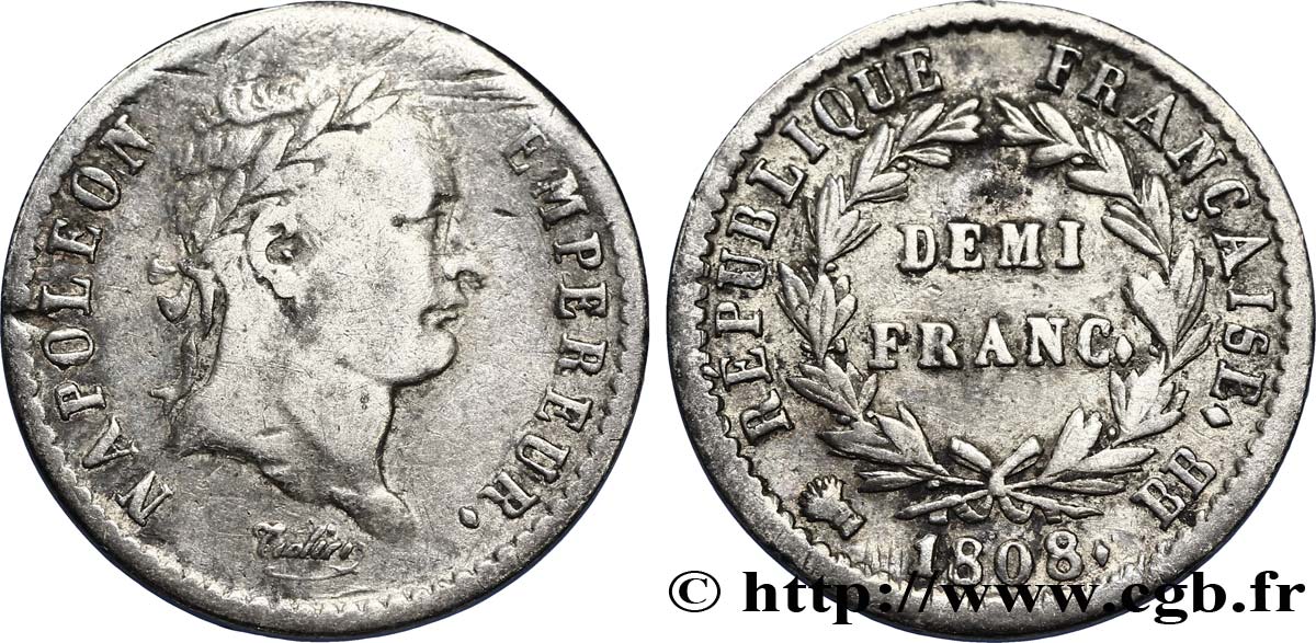 Demi-franc Napoléon Ier tête laurée, République française 1808 Strasbourg F.177/4 TB28 