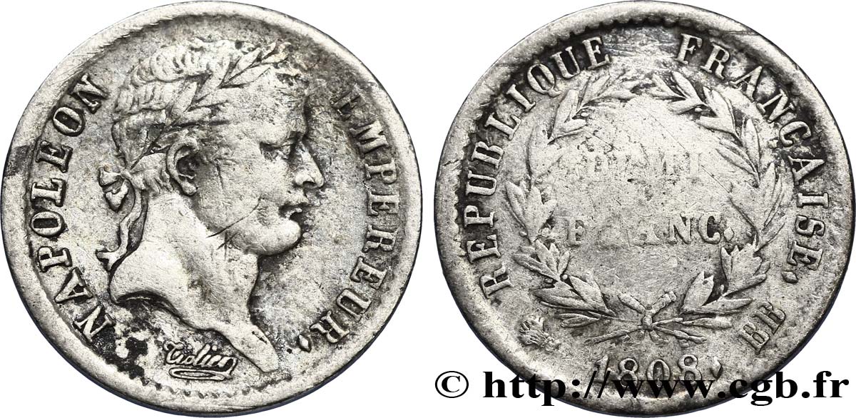 Demi-franc Napoléon Ier tête laurée, République française 1808 Strasbourg F.177/4 TB25 