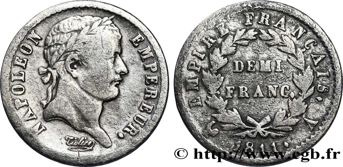 Demi-franc Napoléon Ier tête laurée, Empire français 1811 Paris F.178/21 TB28 
