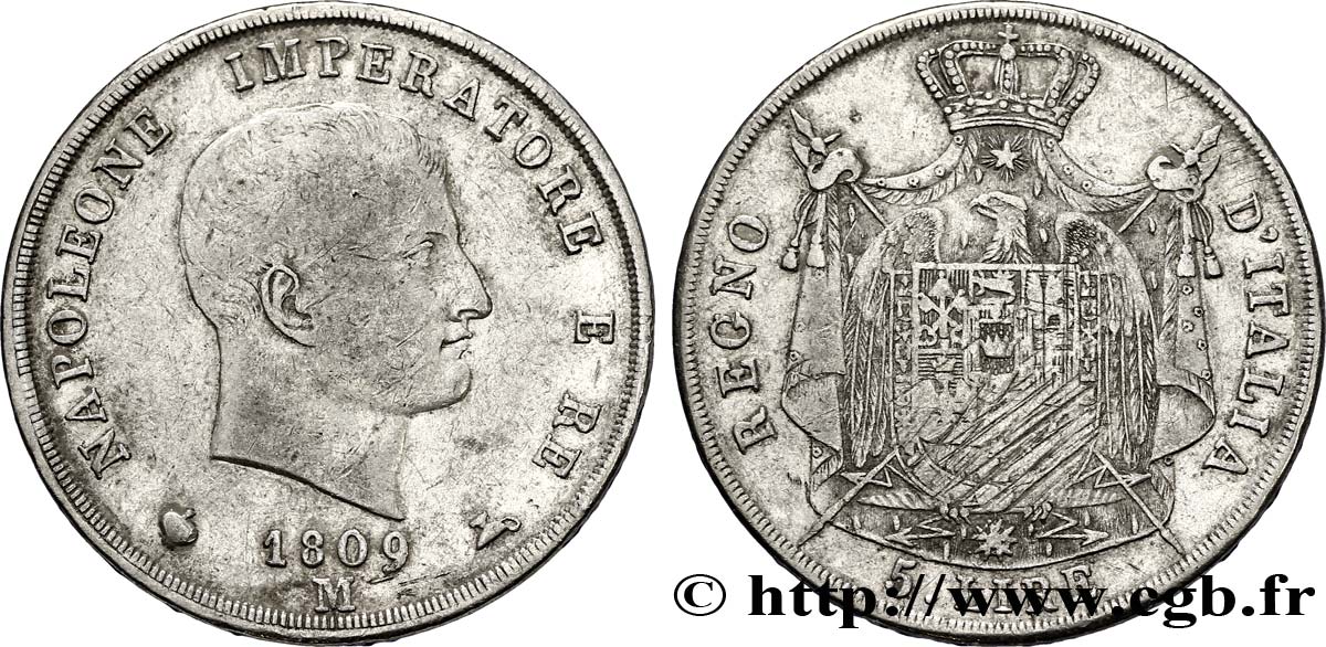 5 lire Napoléon Empereur et Roi d’Italie, 2ème type, tranche en creux 1809 Milan M.221  TB25 