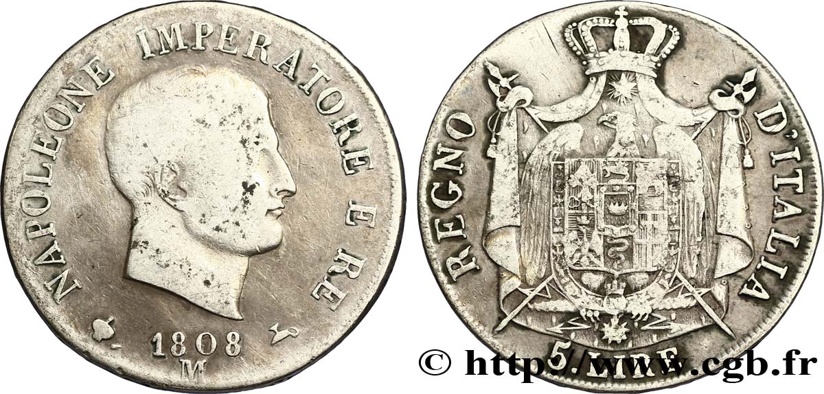 5 lire Napoléon Empereur et Roi d’Italie, 1er type, tranche en relief 1808 Milan M.218  F15 