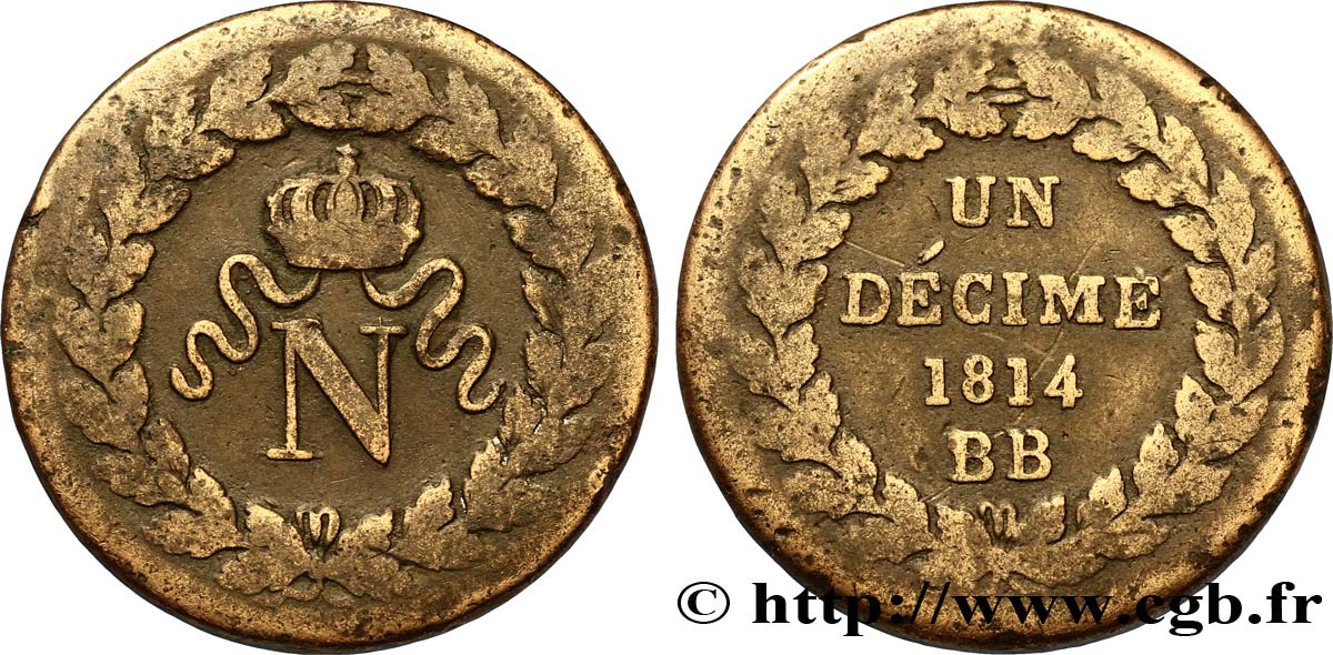 Un décime à l’N couronnée 1814 Strasbourg F.131/1 TB20 