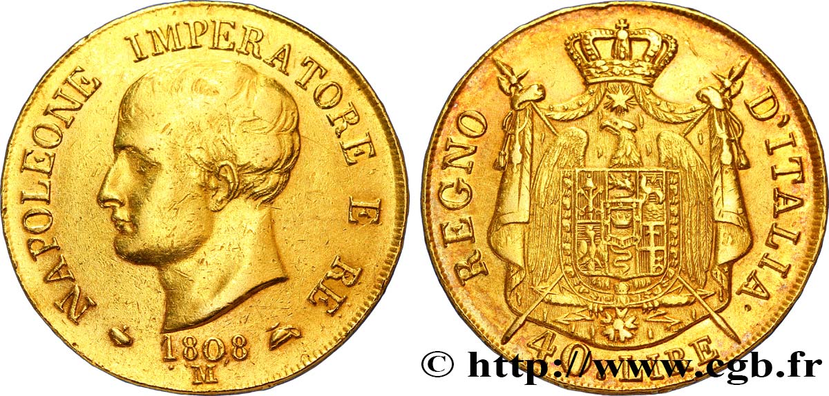 40 lire or, 1er type, tranche en relief 1808 Milan VG.1311  MBC53 