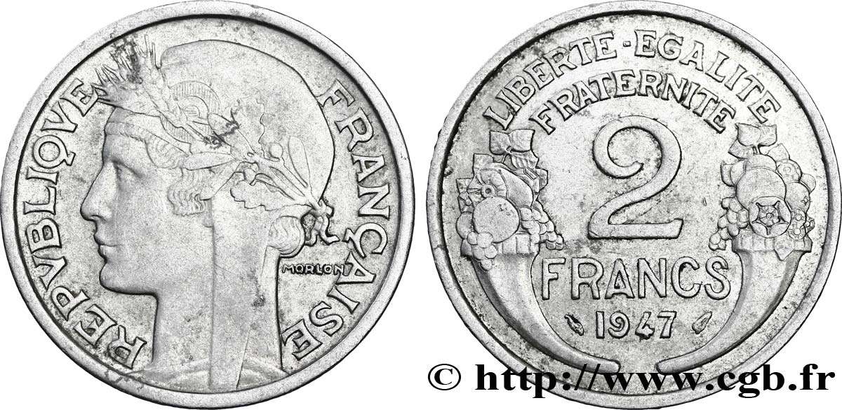 2 francs Morlon, aluminium, frappe médaille 1947  F.269/10 var. XF48 