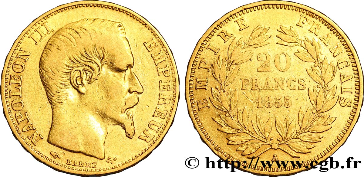 20 francs or Napoléon III, tête nue 1855 Paris F.531/4 XF40 