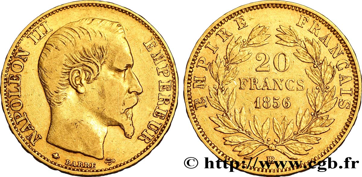 20 francs or Napoléon III, tête nue 1856 Strasbourg F.531/11 XF45 