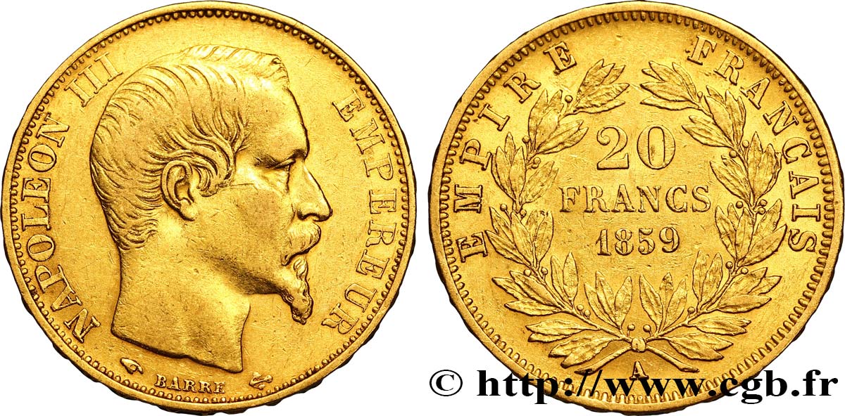 20 francs or Napoléon III, tête nue 1859 Paris F.531/15 XF45 