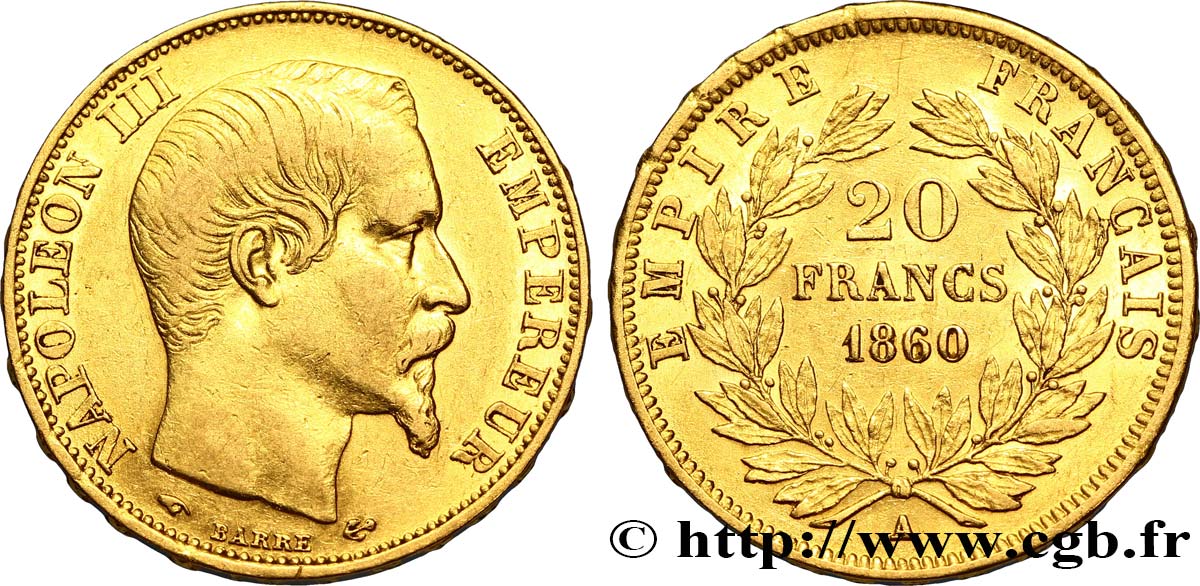 20 francs or Napoléon III, tête nue 1860 Paris F.531/18 SS45 