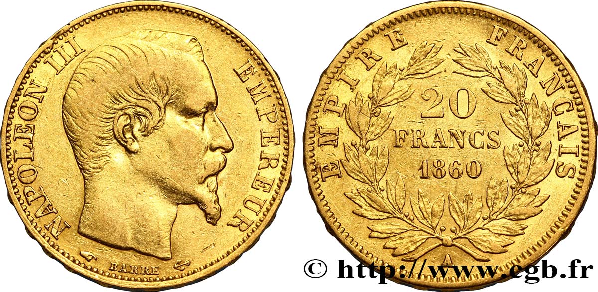 20 francs or Napoléon III, tête nue 1860 Paris F.531/18 XF45 