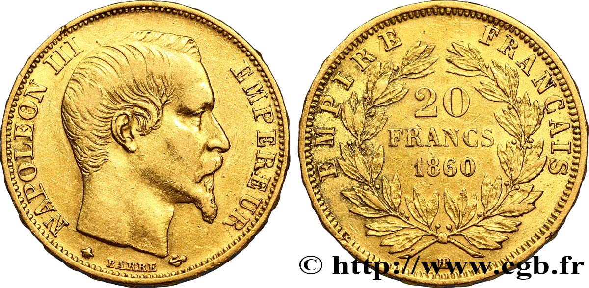 20 francs or Napoléon III, tête nue 1860 Strasbourg F.531/20 XF45 