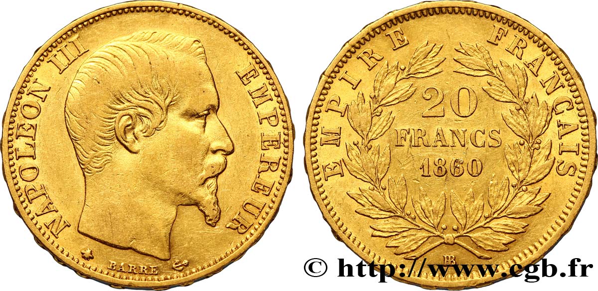 20 francs or Napoléon III, tête nue 1860 Strasbourg F.531/19 XF45 