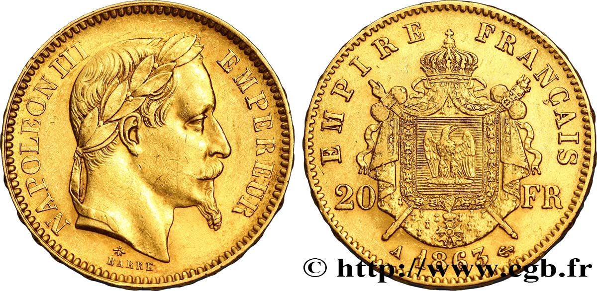 20 francs or Napoléon III, tête laurée 1863 Paris F.532/6 SS48 