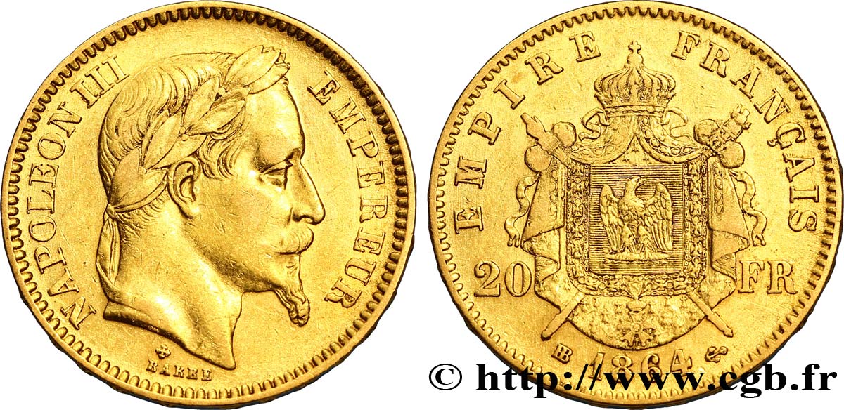 20 francs or Napoléon III, tête laurée 1864 Strasbourg F.532/9 XF45 