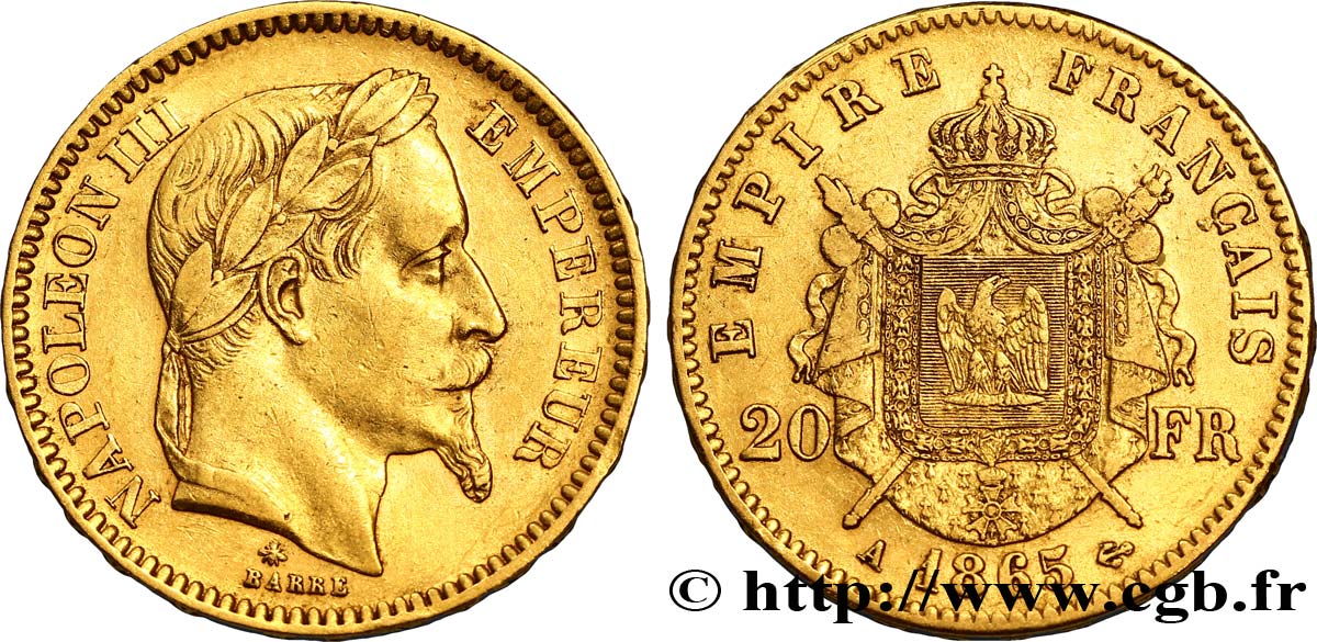 20 francs or Napoléon III, tête laurée 1865 Paris F.532/11 SS45 
