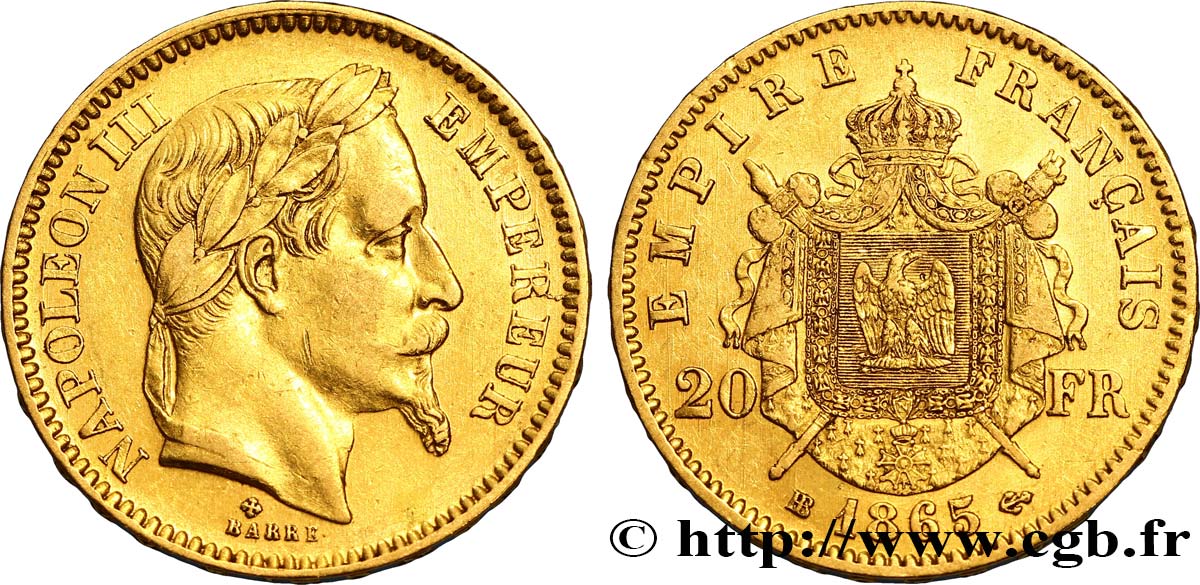 20 francs or Napoléon III, tête laurée 1865 Strasbourg F.532/12 TTB45 