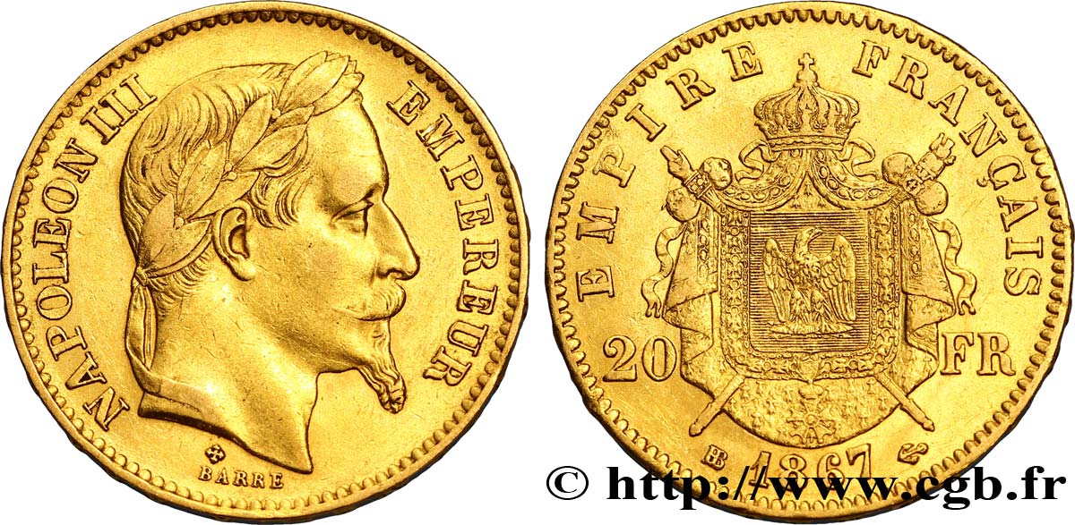 20 francs or Napoléon III, tête laurée 1867 Strasbourg F.532/16 MBC48 