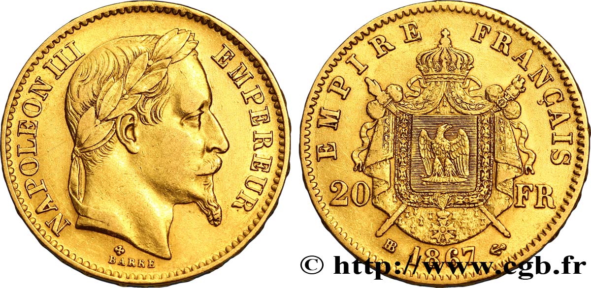 20 francs or Napoléon III, tête laurée 1867 Strasbourg F.532/16 MBC45 