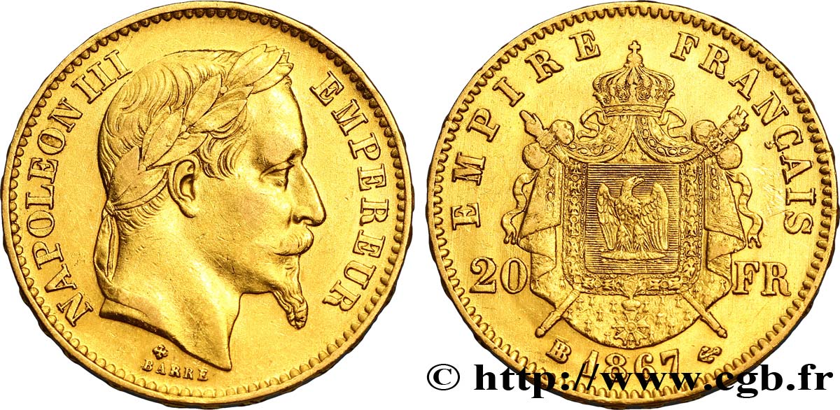 20 francs or Napoléon III, tête laurée 1867 Strasbourg F.532/17 MBC45 