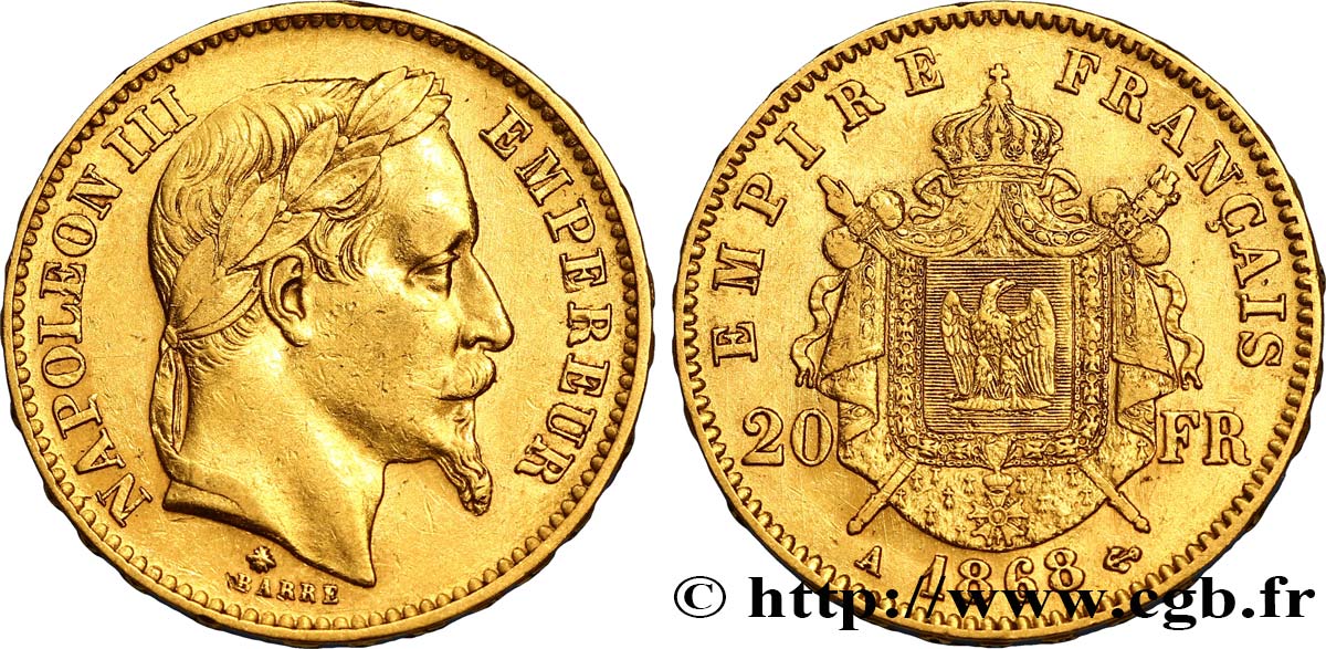 20 francs or Napoléon III, tête laurée 1868 Paris F.532/18 MBC48 