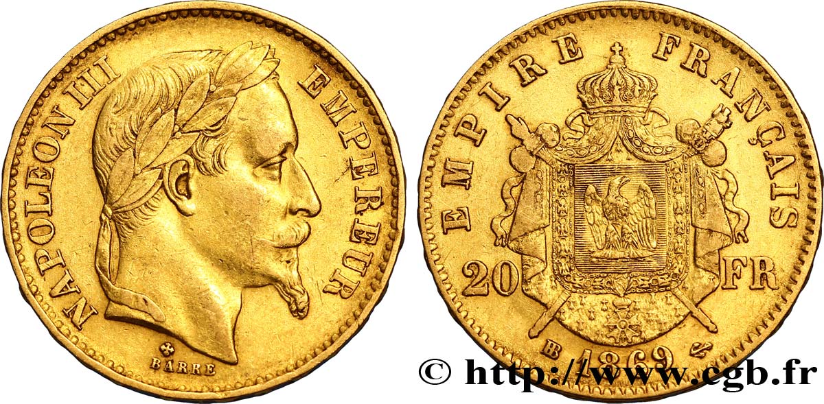 20 francs or Napoléon III, tête laurée 1869 Strasbourg F.532/21 XF45 