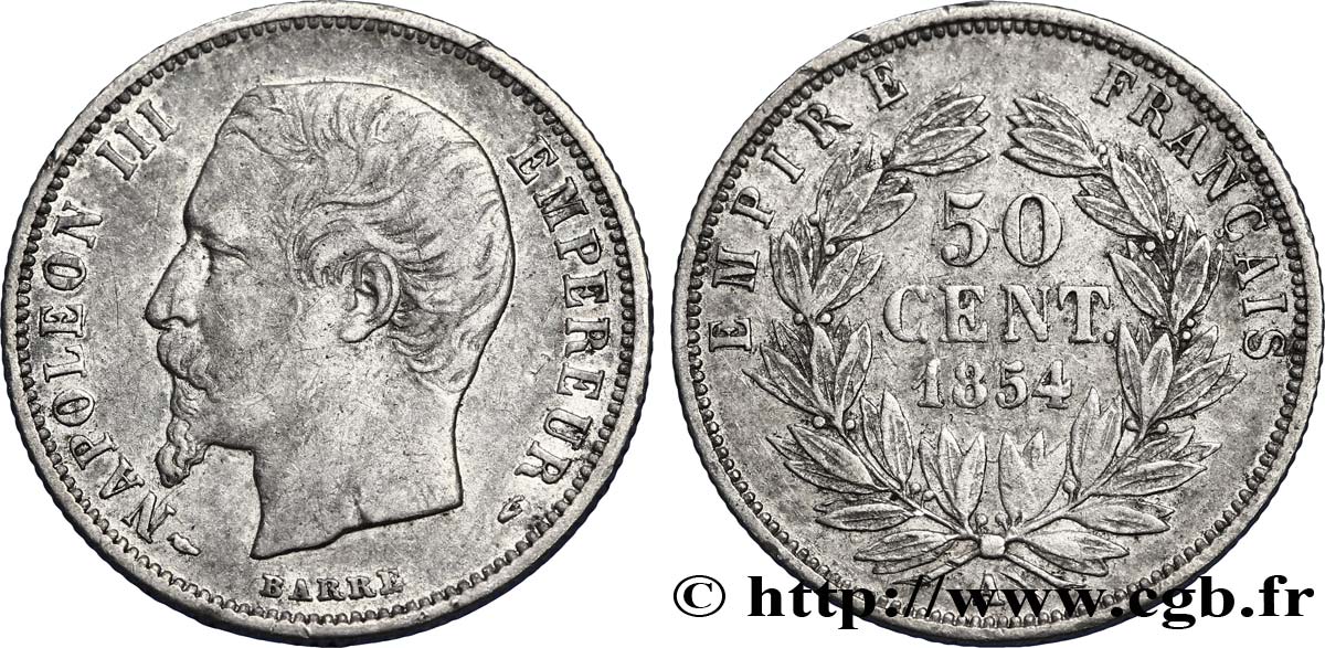 50 centimes Napoléon III, tête nue 1854 Paris F.187/2 SS45 