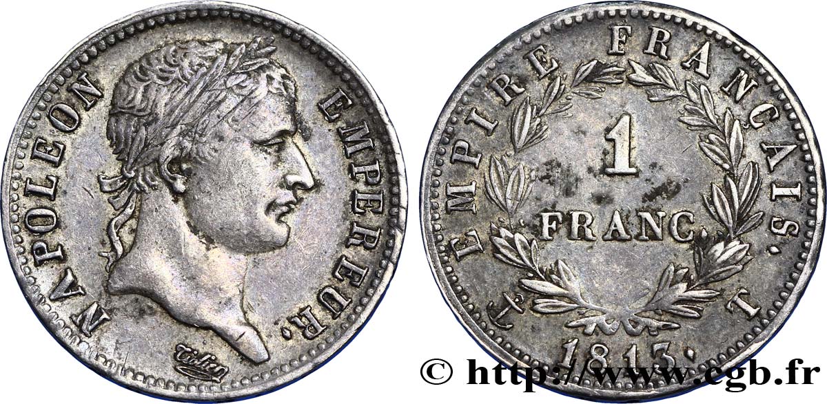 1 franc Napoléon Ier tête laurée, Empire français 1813 Nantes F.205/70 SS 