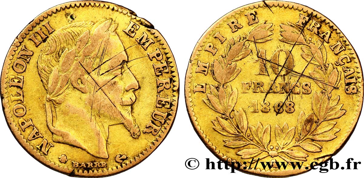 Faux de 10 francs or Napoléon III, tête laurée 1868 Paris F.507A/17 var. TB30 