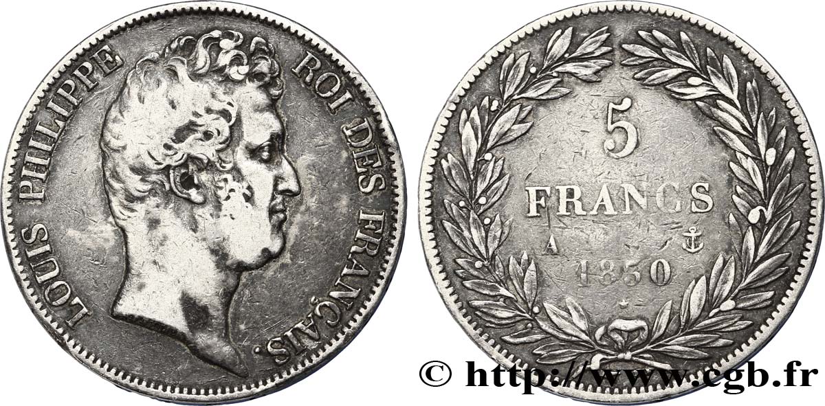5 francs type Tiolier sans le I, tranche en creux 1830 Paris F.313/1 S25 