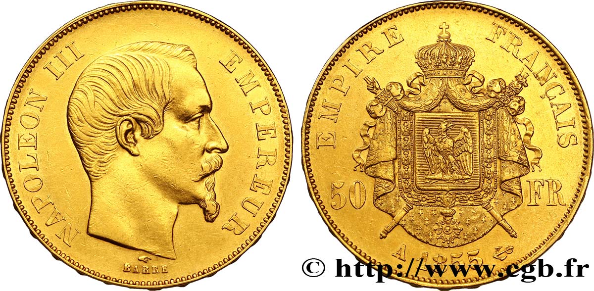 50 francs or Napoléon III, tête nue 1855 Paris F.547/1 BB52 
