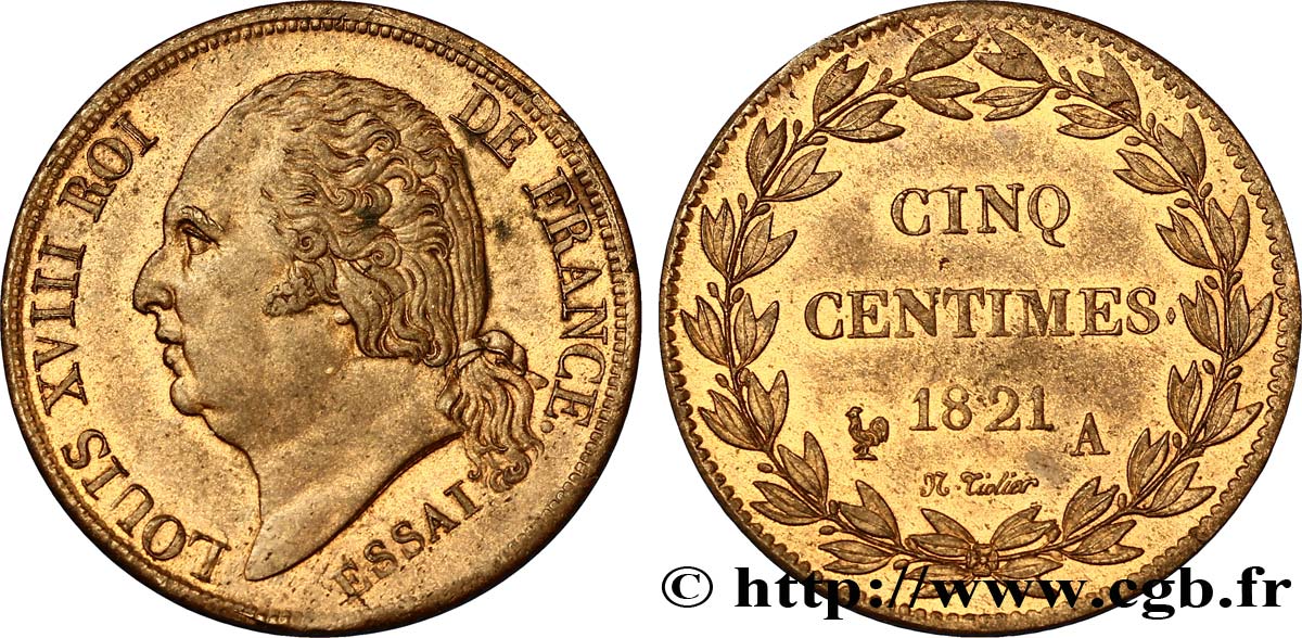 Essai de 5 centimes en bronze 1821 Paris VG.2534  AU55 