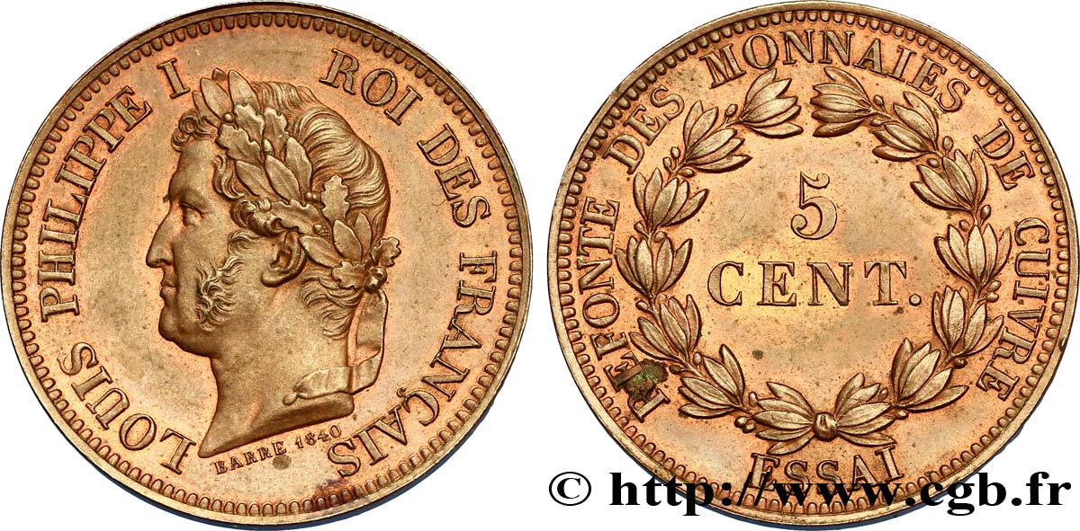 Essai de 5 centimes en bronze, signature BARRE 1840 1840  VG.2917  VZ60 