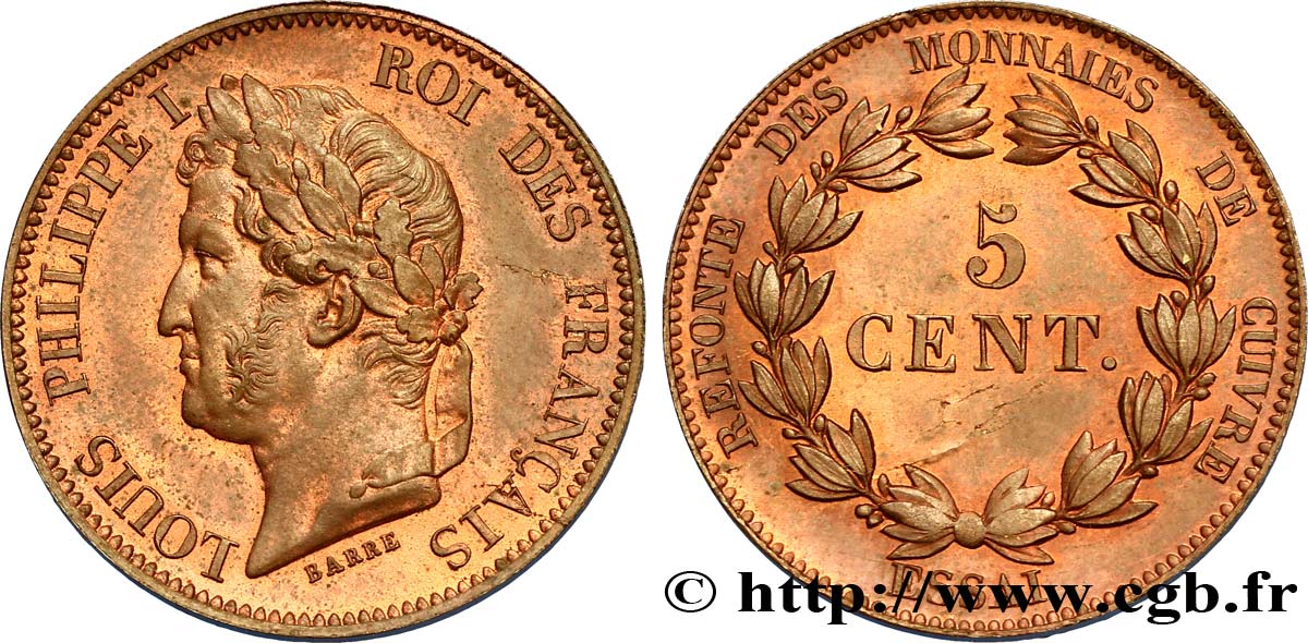 Essai de 5 centimes en bronze, signature BARRE 1840  VG.2917 var. SUP60 