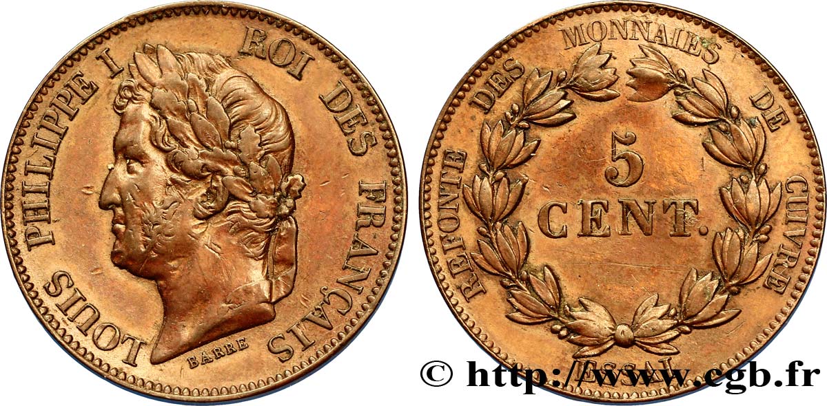 Essai de 5 centimes en bronze, signature BARRE 1840  VG.2917 var. BB52 