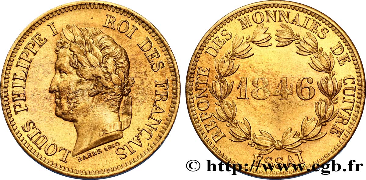 Refonte des monnaies de cuivre, essai au module de 5 centimes en cuivre jaune 1846  VG.2981  SPL62 