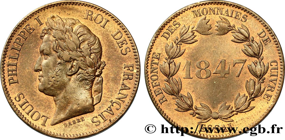 Refonte des monnaies de cuivre, essai au module de 5 centimes en bronze 1847 - VG.2997  SPL58 