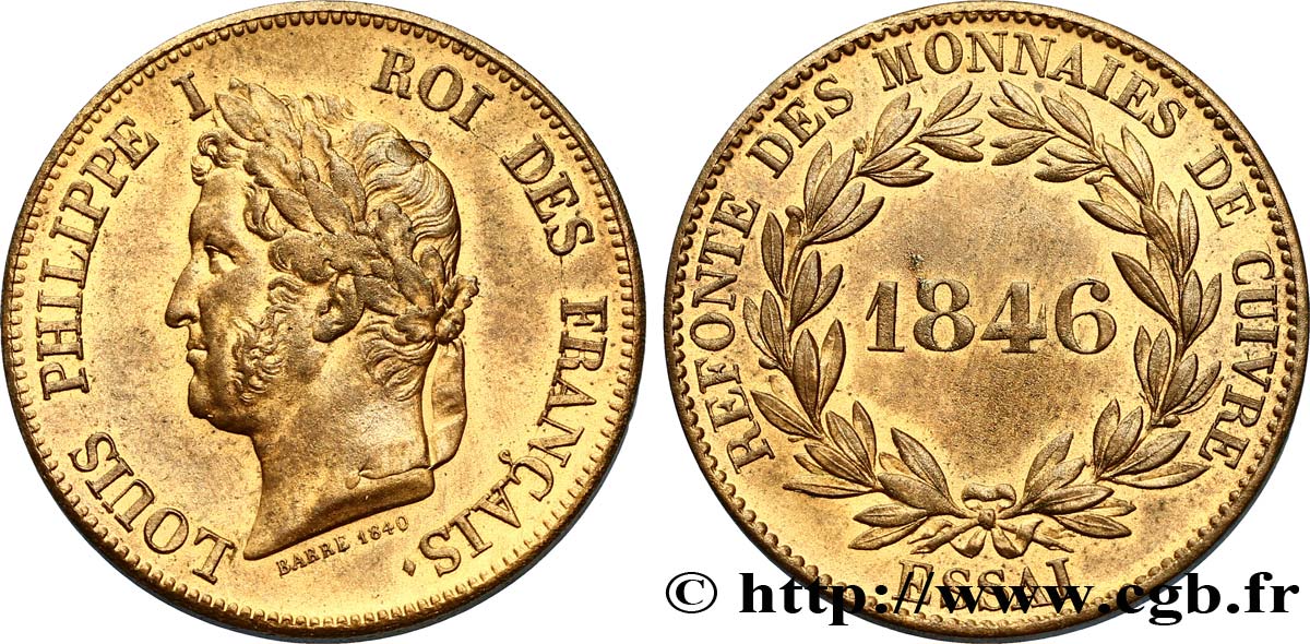 Refonte des monnaies de cuivre, essai au module du décime, poids lourd 1846 Paris VG.2980  MS62 
