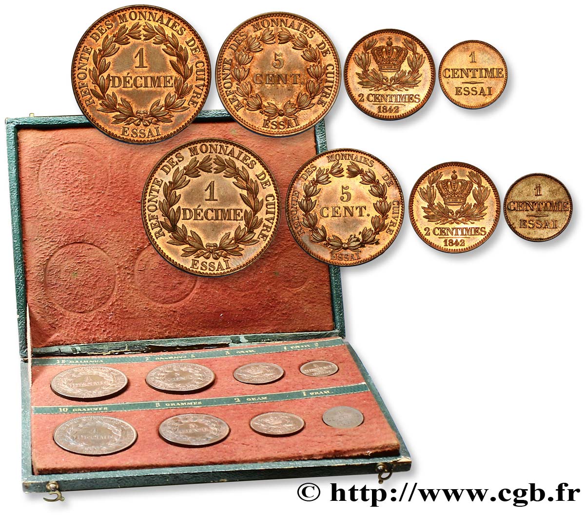 Boîte contenant huit essais, refonte des monnaies de cuivre n.d.   MS 