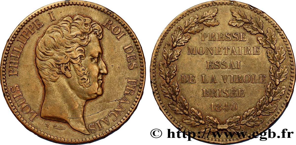 Essai module de 5 francs en cuivre pour la virole brisée 1840 Paris VG.2909  SS50 