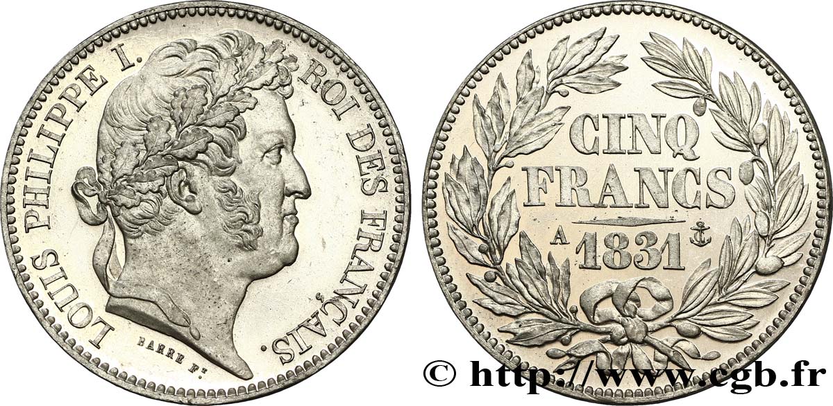 Essai de 5 francs en étain par Barre, tête laurée 1831 Paris VG.2762  SPL63 