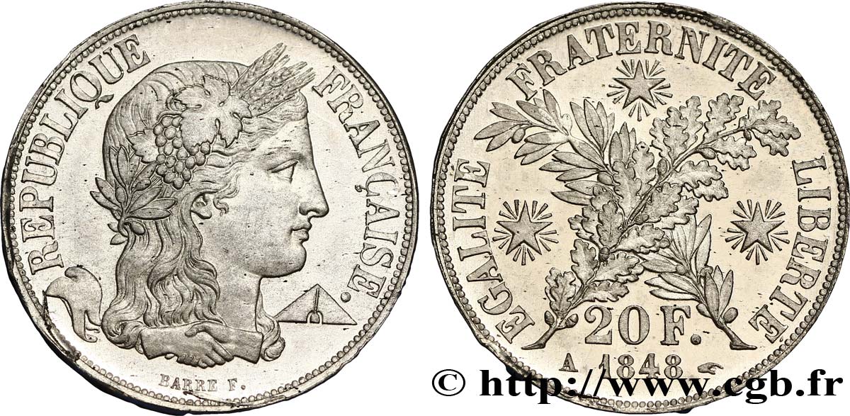 Concours de 20 francs, essai de Barre, buste avec les symboles 1848 Paris VG.3043 var. MS63 