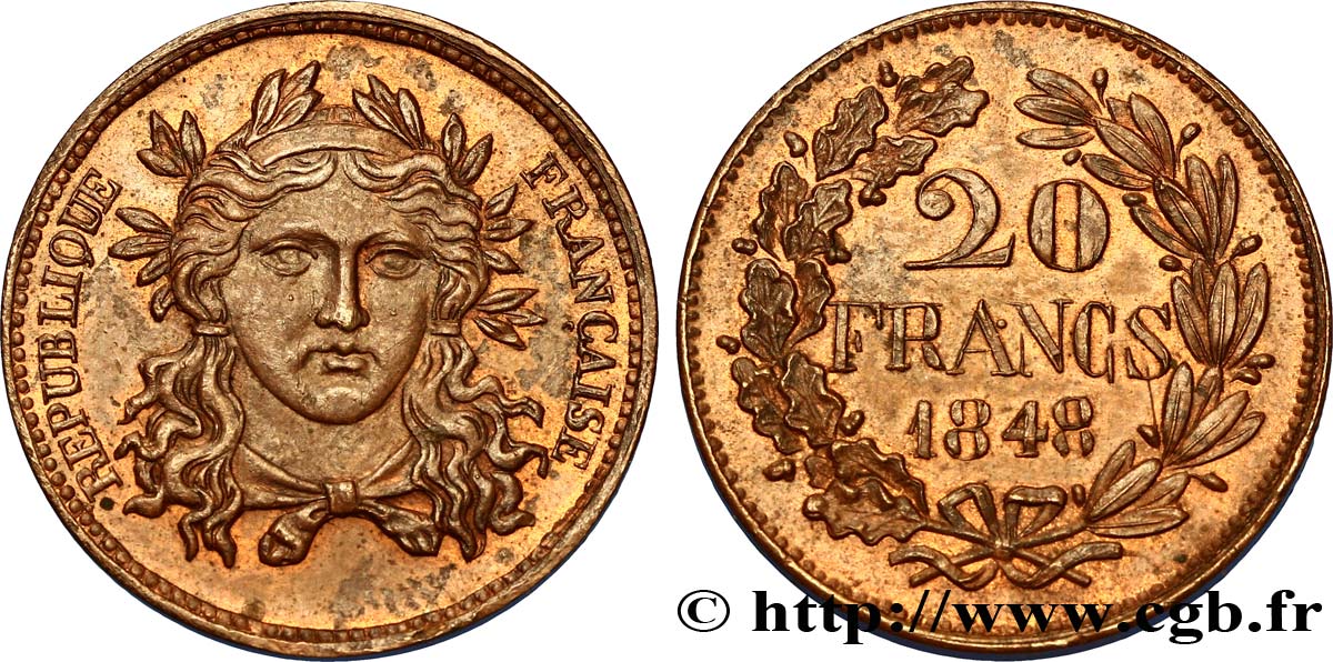 Concours de 20 francs, essai de Gayrard, deuxième concours 1848 Paris VG.3051 var. SPL58 