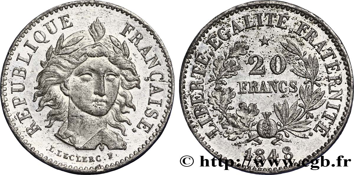 Concours de 20 francs, essai de Leclerc, premier concours 1848 Paris VG.3026 var SUP60 