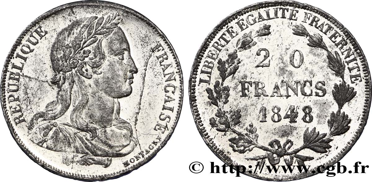 Concours de 20 francs, essai de Montagny, buste habillé 1848 Paris VG.3033 var MS60 