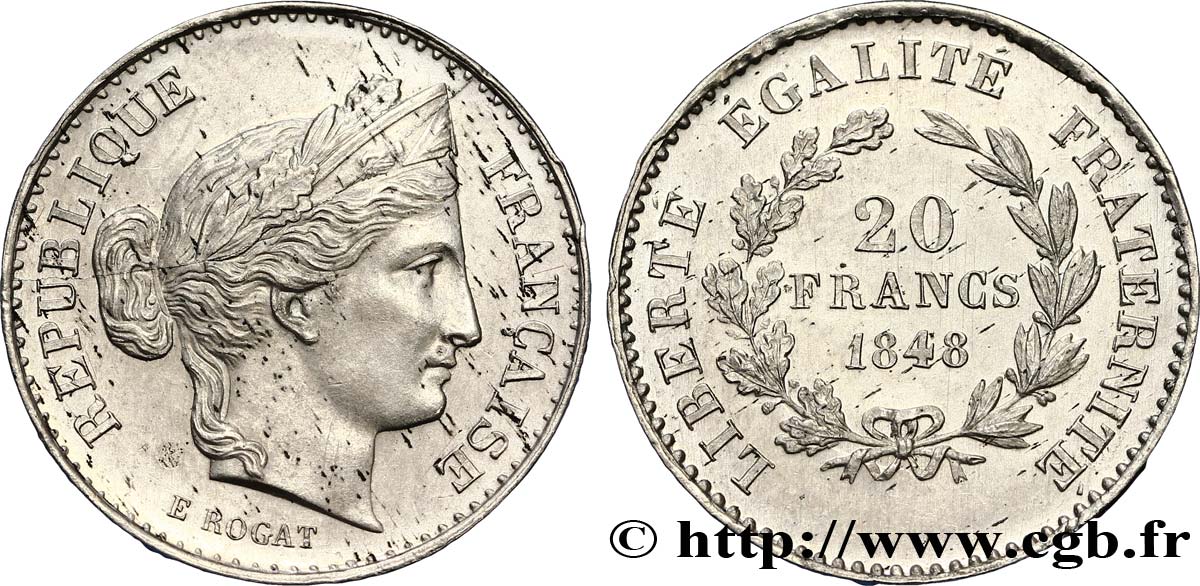 Concours de 20 francs, essai de Rogat 1848 Paris VG.3058 var. SUP58 